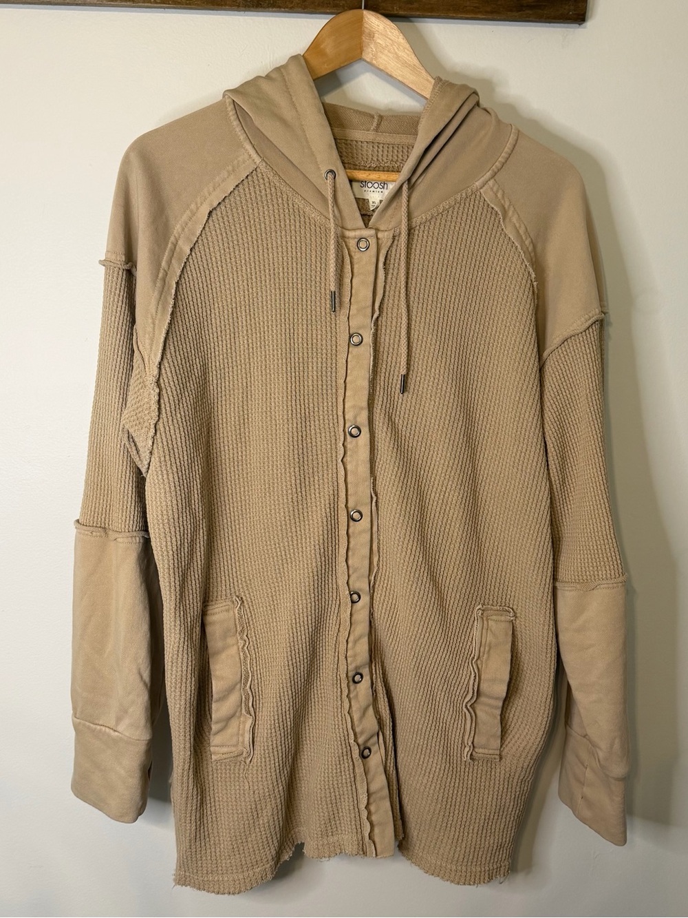 Stoosh Premium XL Tan Waffle Knit Hooded Snap Front Cardigan Jacket Boho
